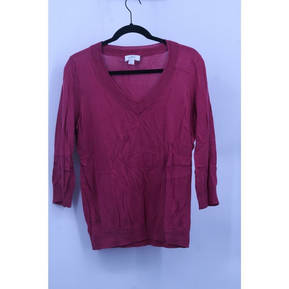 Ann Taylor Loft Women's 100% Cotton V-Neck Sweater Long Sleeve Size L Raspberry